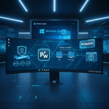 Neon blue, curved ultrawide monitor displaying a futuristic tech dashboard in a high-tech room.