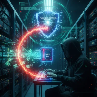 A hooded hacker at a server rack, amid neon cyber defense visuals labeled Windows Defender Firewall.