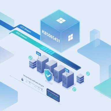 Isometric data-center scene featuring a blue Windows KB5065431 cube and LCU/SSU streams.