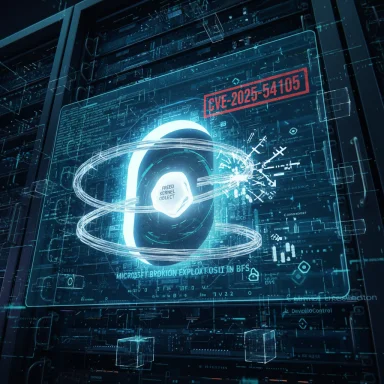 Futuristic holographic UI surrounds a glowing kernel object amid data-center racks, CVE-2025-54105.