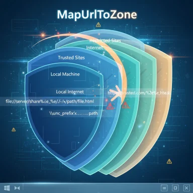 MapUrlToZone: layered shields labeled Local Machine, Local Internet, Trusted Sites, Internet, and Restricted Sites.
