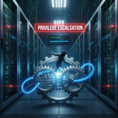 Data center with a hooded figure on giant CAM SVC gears beneath a red Privilege Escalation sign.