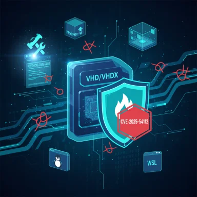 Futuristic cyber-defense scene highlighting CVE-2025-54112 against VHD/VHDX virtualization.