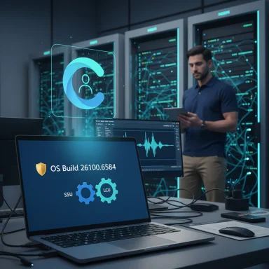 A technician monitors servers in a data center as a laptop shows OS Build 26100.6584.