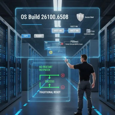 A technician uses a holographic dashboard to review a server OS build in a data center.