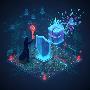 Hooded figure with a SYSTEM key guards a shield as svchost.exe bursts into shards from a cyber container. Hooded figure with a SYSTEM key guards a shield as svchost.exe bursts into shards from a cyber container.