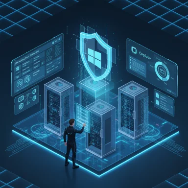 A person in a futuristic data center interacts with holographic servers and a shield icon.