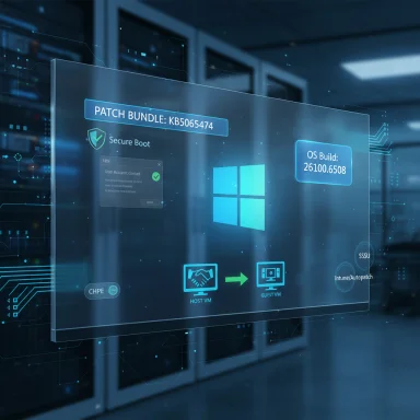 Futuristic holographic dashboard shows a Windows patch bundle in a data center.
