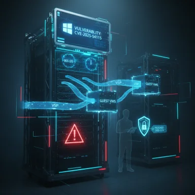 Futuristic data center with holographic security overlays displaying a CVE vulnerability.