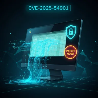A futuristic computer screen shows a CVE alert with a glowing shield and a 'Patch Now!' button.