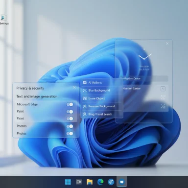 Windows 11 desktop with floating translucent AI action panels over a blue abstract wallpaper.