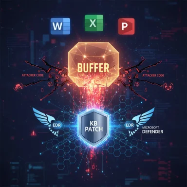 Cybersecurity illustration of a BUFFER attack with KB PATCH shield, EDR/Defender wings, and Office icons.