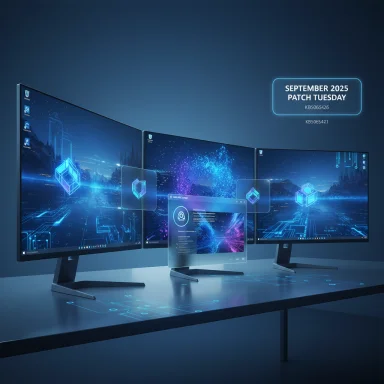 Triple-curved monitor setup on a blue-lit desk with holographic digital graphics.