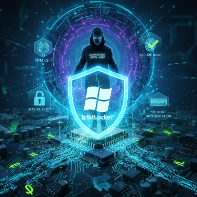 Futuristic BitLocker shield guards a Windows PC with TPM, secure boot, and pre-boot authentication.