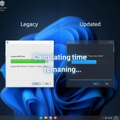 Legacy vs Updated: two file-transfer progress dialogs mid-copy, with 'Calculating time remaining...'.