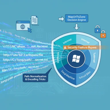 Cybersecurity infographic showing a Windows shield with a security feature bypass and network zones.