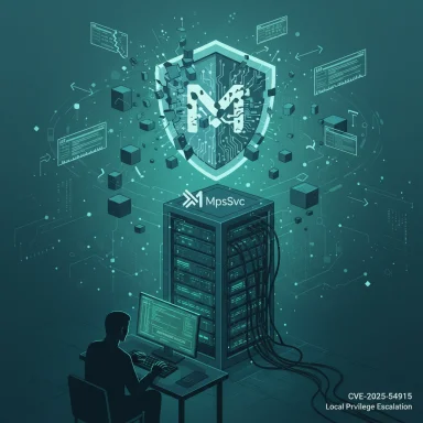 Security analyst at a computer monitors a server rack with a glowing shield and floating data blocks.