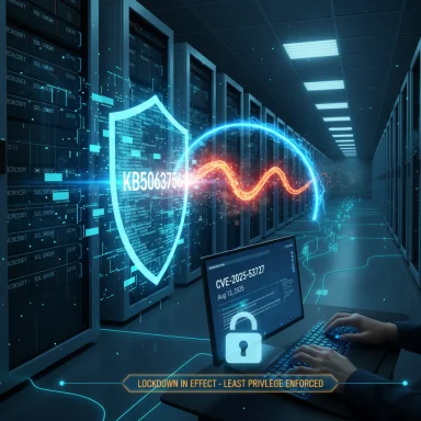 Data center security scene with a glowing shield, neon wave, and a CVE alert under a lockdown banner.