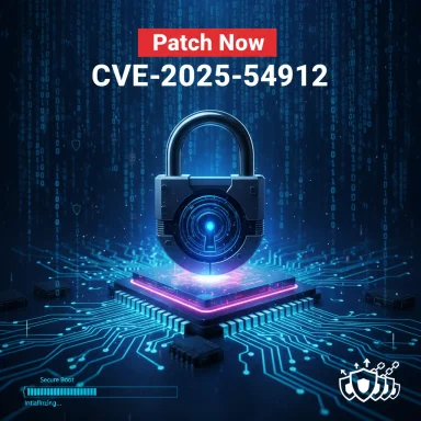 Futuristic security graphic: a padlock hovering over a processor with 'Patch Now' for CVE-2025-54912.