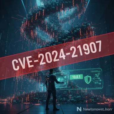 Futuristic analyst examines a holographic UI amid digital debris and a CVE-2024-21907 banner.