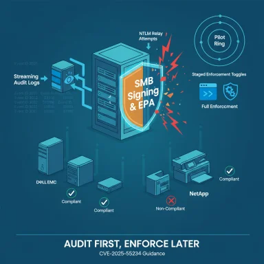 Infographic promoting auditing first, then enforcement for SMB Signing & EPA.