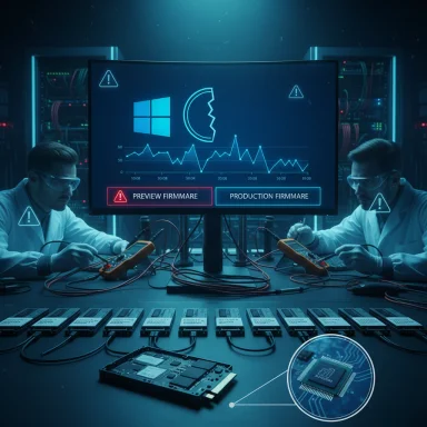 Two researchers in a neon-lit lab test firmware on a large display amid hardware rigs.