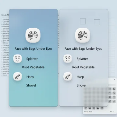 Two gradient panels show icons and labels for Face with Bags Under Eyes, Splatter, Root Vegetable, Harp, and Shovel.