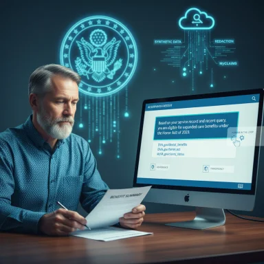 An older man reviews a benefits document as neon federal seal and cloud data glow behind him.