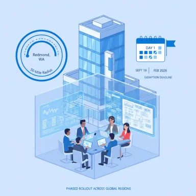 A team in a glass-walled briefing room reviews a phased global rollout with a Redmond, WA radius badge.