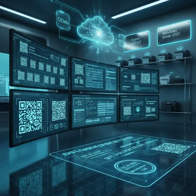A futuristic data center with holographic cloud networks and multiple screens displaying dashboards and QR codes.