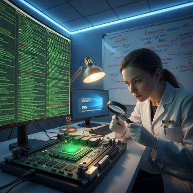 A scientist in a lab coat inspects a green-lit motherboard with a magnifying glass.