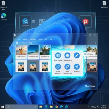 Windows desktop with AI photo-editing tools overlaying a vibrant blue abstract wallpaper.