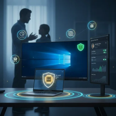 A futuristic workstation with a laptop, large monitor, and floating holographic security icons.