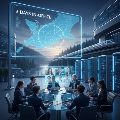Futuristic conference room with a holographic map, remote video call, and a round glass-table team.