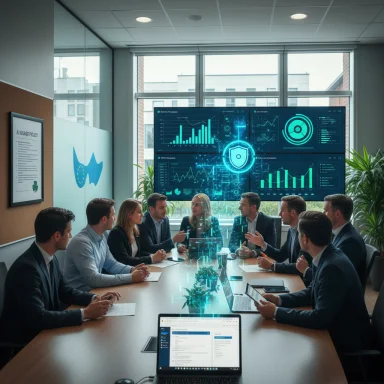 Business team in a conference room analyzing data on a large holographic dashboard.