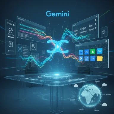 Futuristic holographic workspace labeled Gemini, with colorful data streams and a globe showing languages.