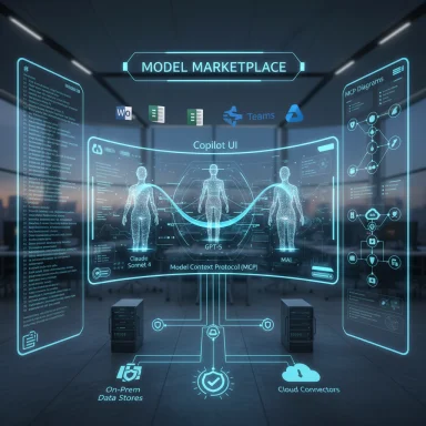 Futuristic holographic UI displays a Model Marketplace with AI models and data flows.