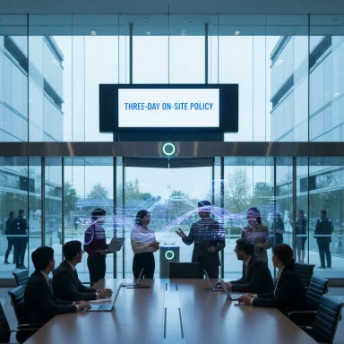 Team in a glass-walled conference room discusses as a screen shows 'Three-day on-site policy'.