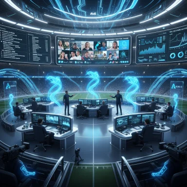 Futuristic stadium control room with glowing holographic energy streams and many screens.