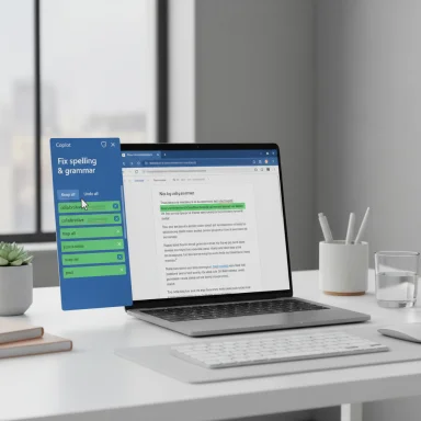 Laptop on a clean desk with a blue Copilot spelling & grammar panel beside a document.