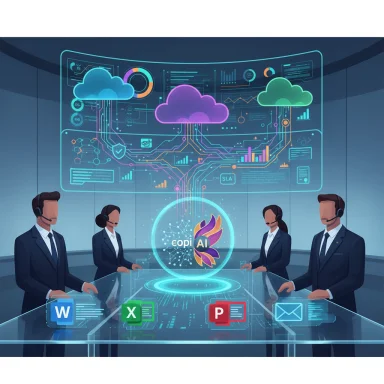 Four suited professionals in a high-tech control room surround a holographic AI hub with cloud data and Office icons.
