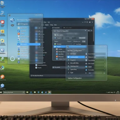 A computer monitor shows multiple translucent Start Menu Configuration dialogs layered over a Windows desktop.