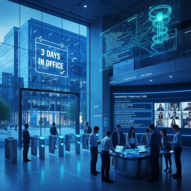 A futuristic office lobby featuring a “3 DAYS IN OFFICE” sign and holographic screens. A futuristic office lobby featuring a “3 DAYS IN OFFICE” sign and holographic screens.