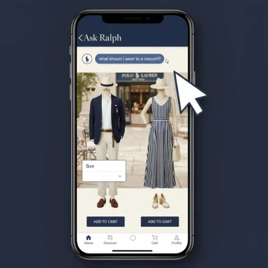 Mobile shopping app screen showing two mannequins in outfits and an 'Ask Ralph' chat.