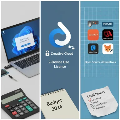 Three-panel collage about tech hardware, Creative Cloud licensing, and open-source software.