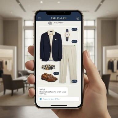 A mobile stylist app outfits a smart-casual look: navy blazer, beige shirt, light pants, belt, loafers, and watch.