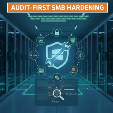 Data center illustration for audit-first SMB hardening, featuring a shield and wrench with security icons.