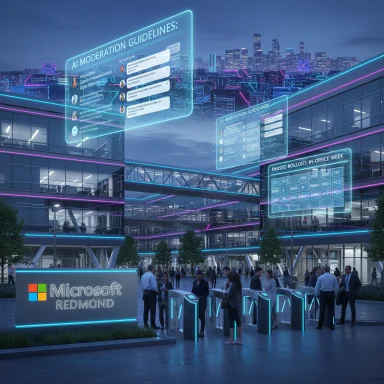 Futuristic campus with holographic AI dashboards and a Microsoft Redmond welcome area.