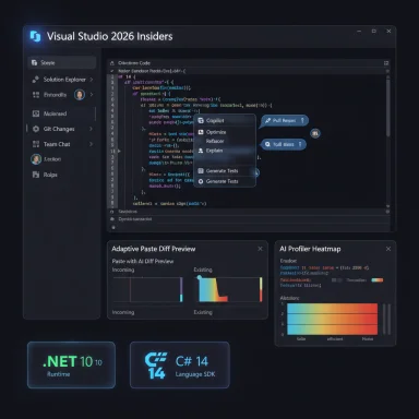 Futuristic Visual Studio 2026 Insiders IDE with code editor, left navigation, and AI tooling panels.