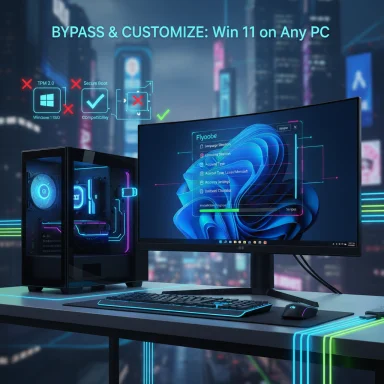 Futuristic PC setup with neon blue lighting, a wide monitor, keyboard and tower in a cityscape.